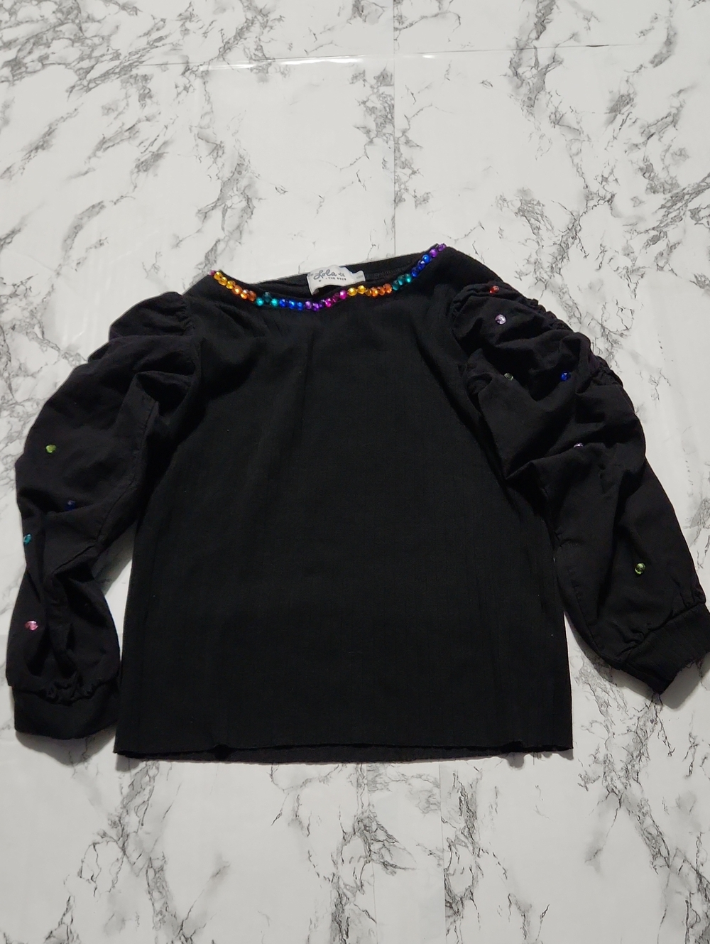 lola And The Boys Black Gem Long-Sleeve Top with Rainbow Gem Neckline